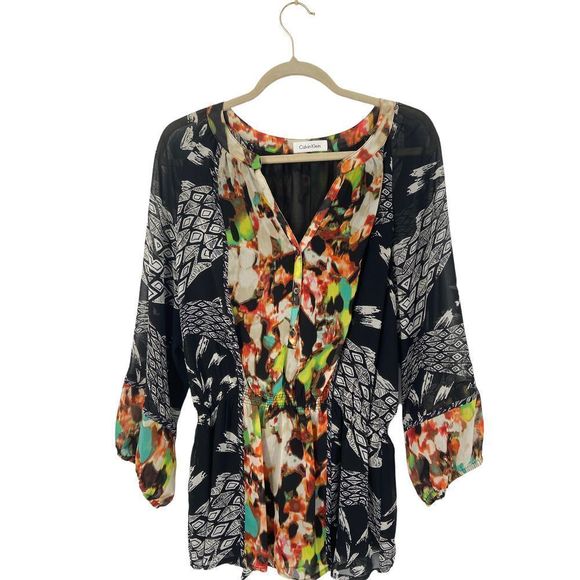 Calvin Klein Multicolor Printed Long‎ Sleeves Smocked Waist Top Large - Picture 1 of 7